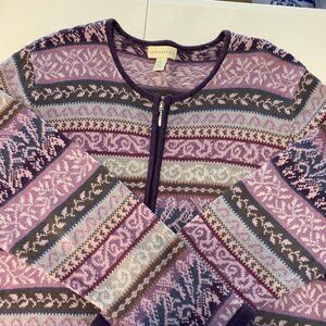 Appleseeds Women's XL Fair Isle Full Zip Cardigan Sweater Purple Nordic Knit